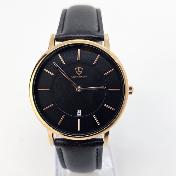 Men's Watch 40MM Black Dial Gold Case Black Leather Band Straps Date Indicator - Picture 1 of 15